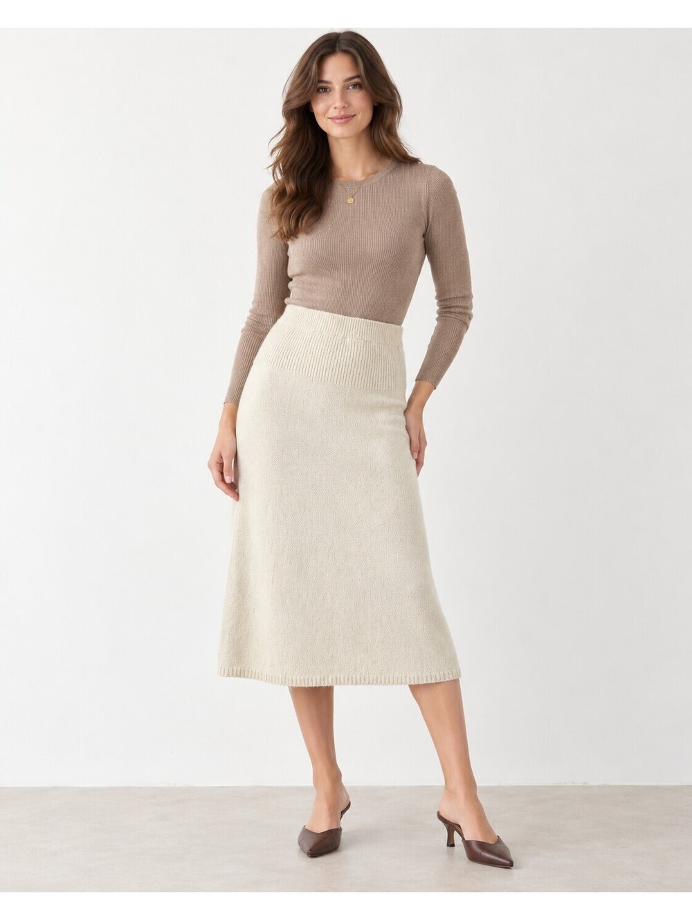 Vintage 90s Casual Corner Silk Angora Wool Knit Midi Skirt Ivory Cream S